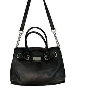 MICHAEL KORS Leather Satchel Shoulder Tote Bag Hamilton East West Pebbled Black